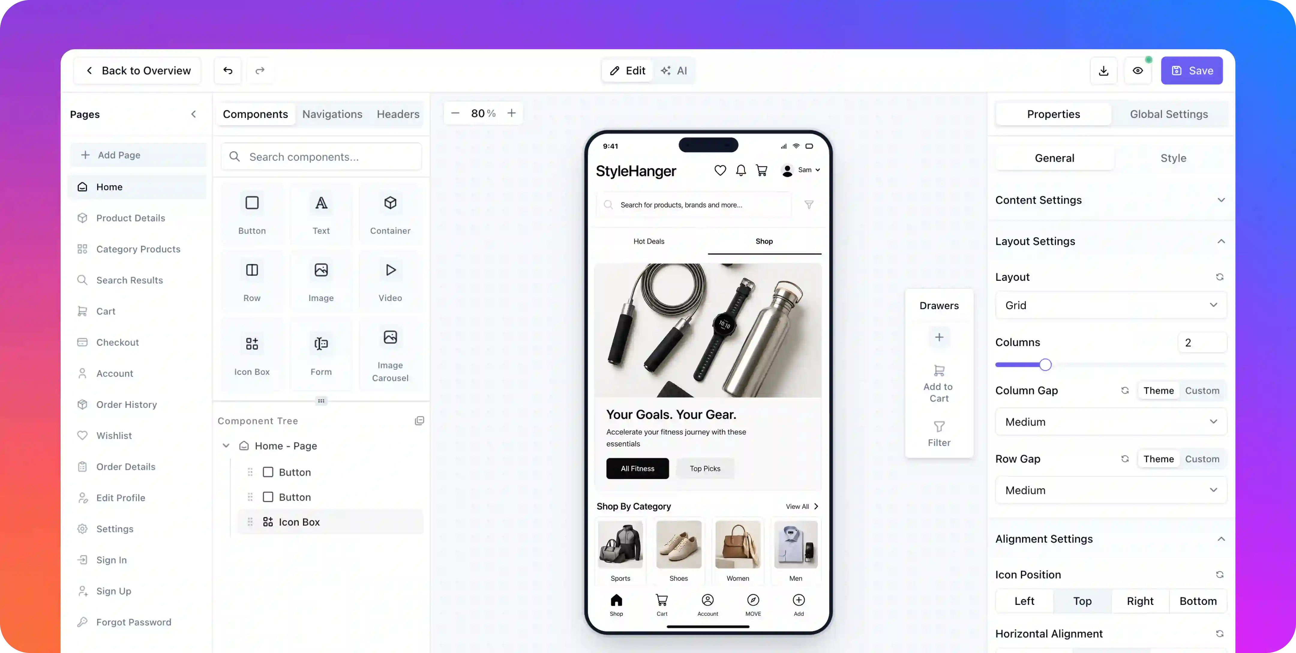 AppNatively visual native app builder interface showing a mobile commerce app preview