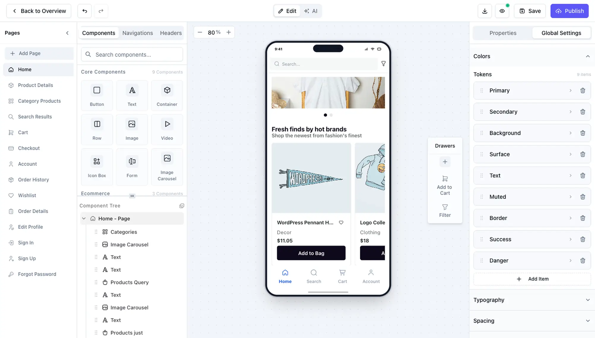 AppNatively Theme Manager preview showing color, typography, and spacing controls